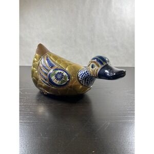 Vintage Tonala Mexico Brass and Pottery Duck Figurine El Palomar Style Folk Art